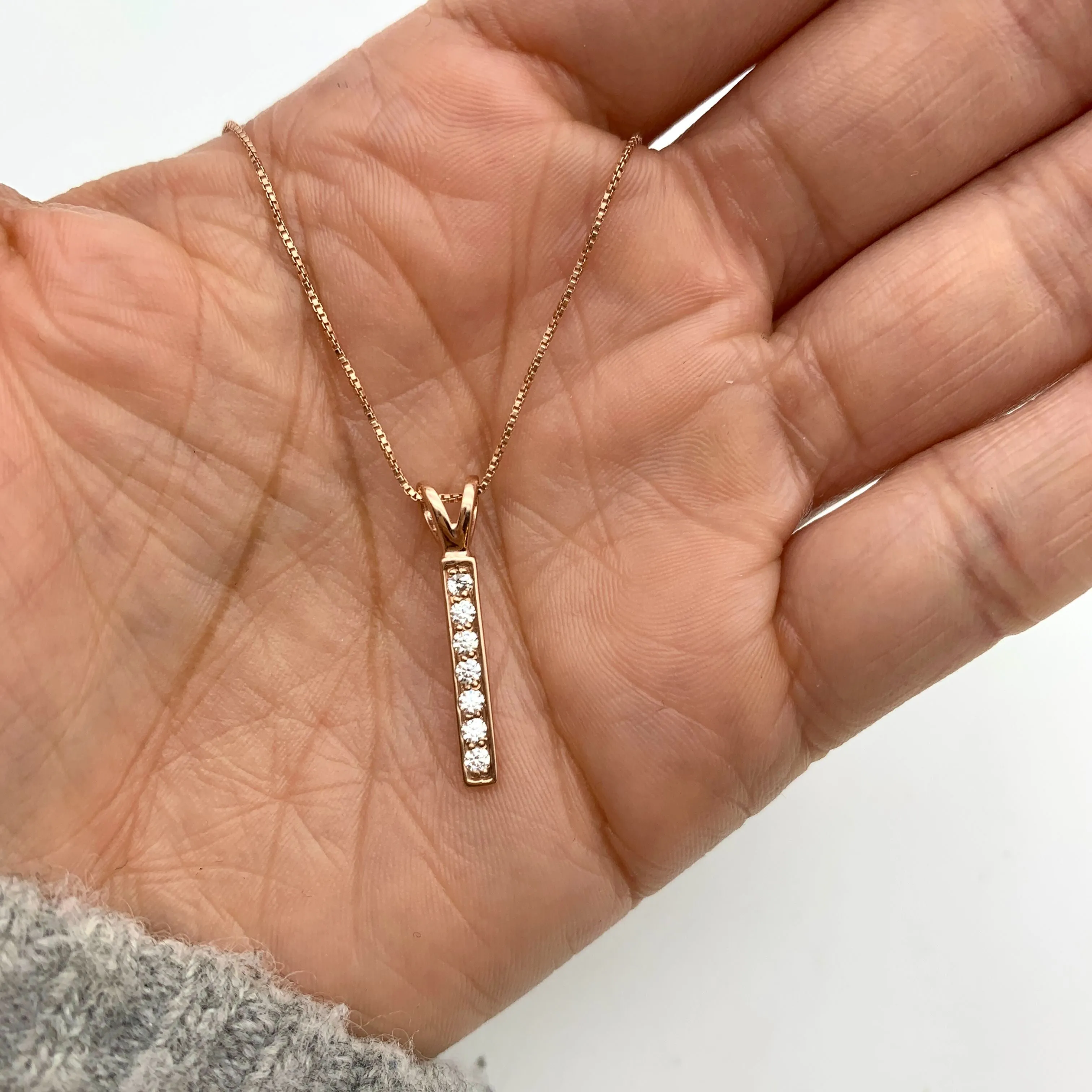Rose Gold Diamond Pendant - Pink Bar Necklace - Sparkly Vintage Necklace