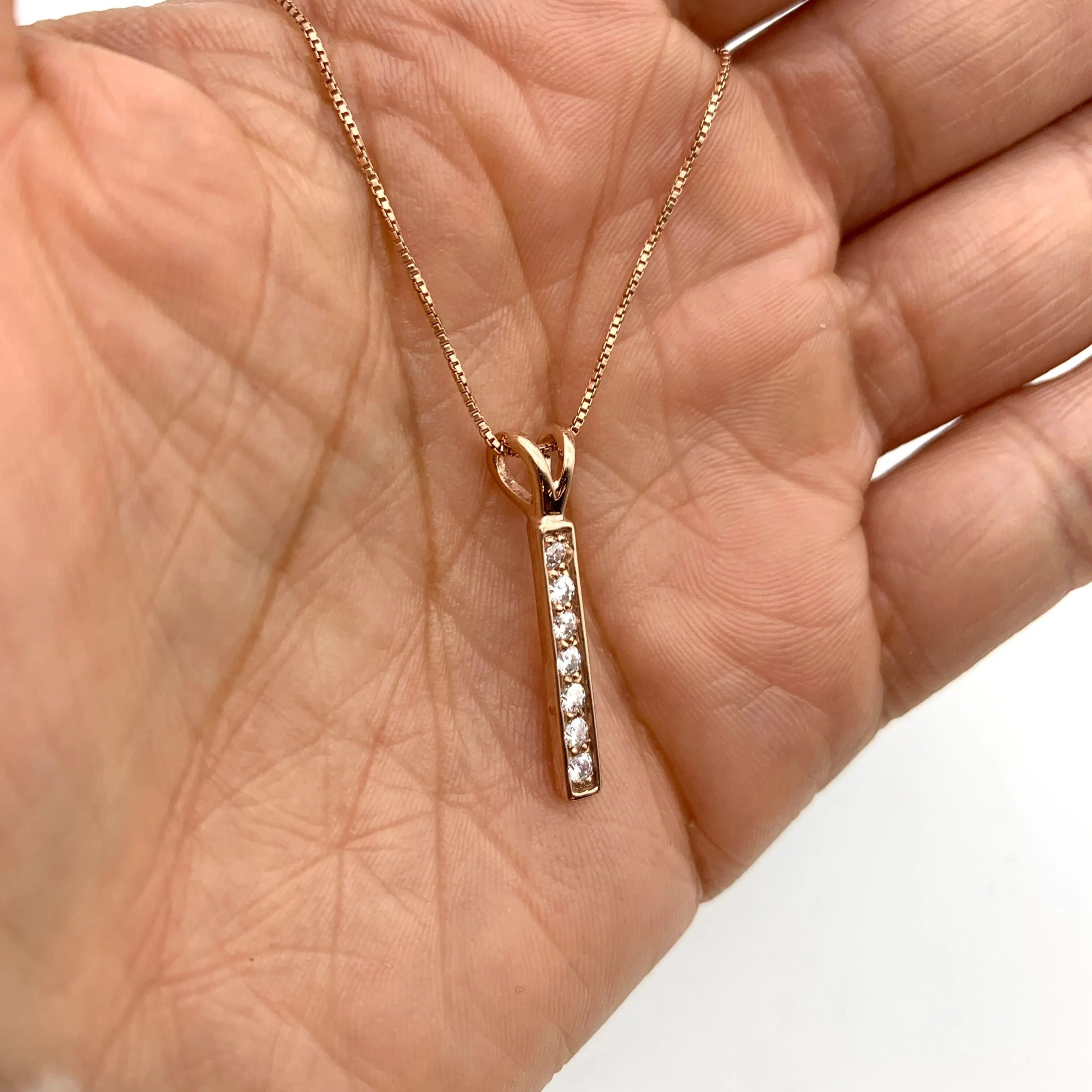 Rose Gold Diamond Pendant - Pink Bar Necklace - Sparkly Vintage Necklace