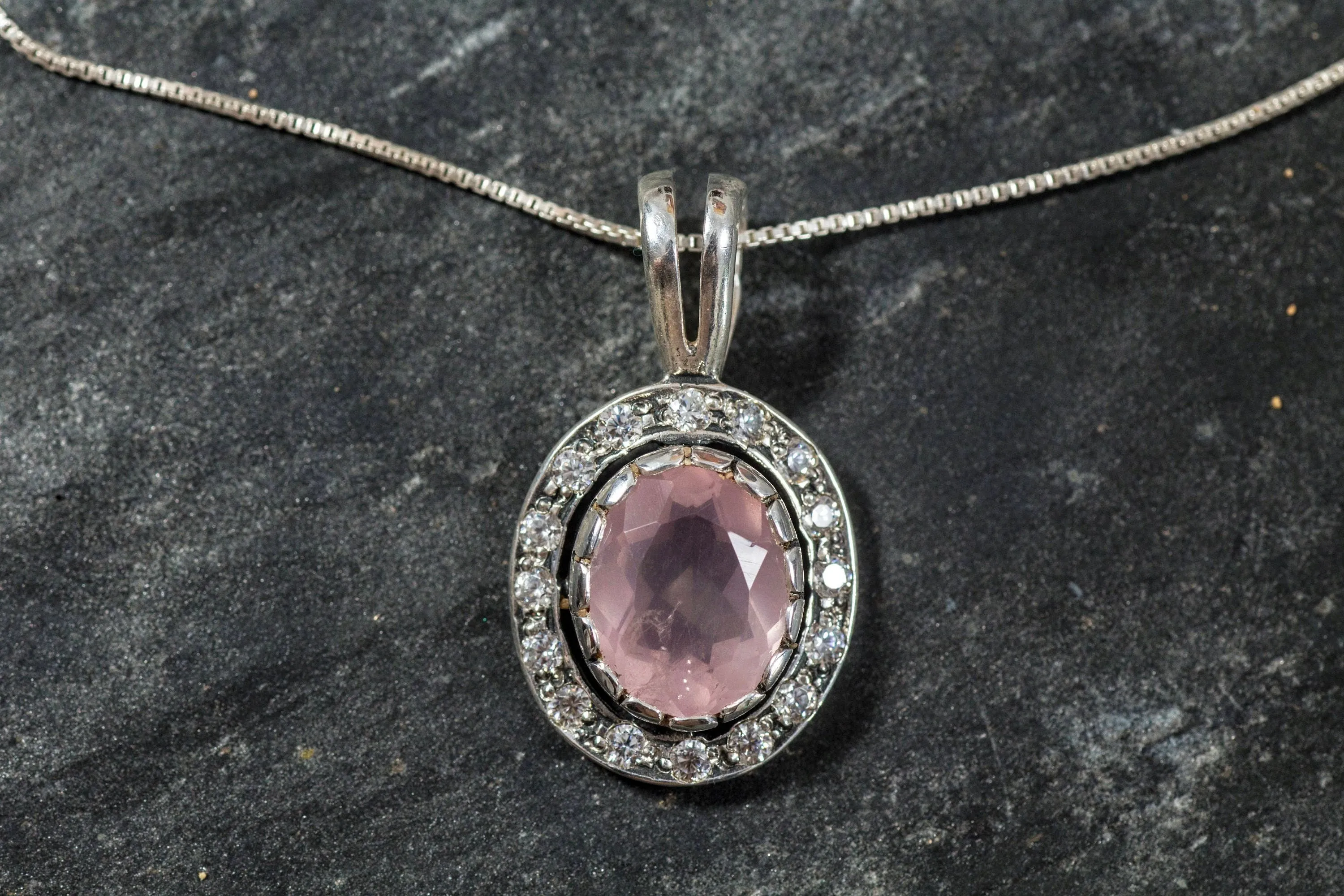 Rose Quartz Necklace - Pink Vintage Pendant - Pink Victorian Necklace