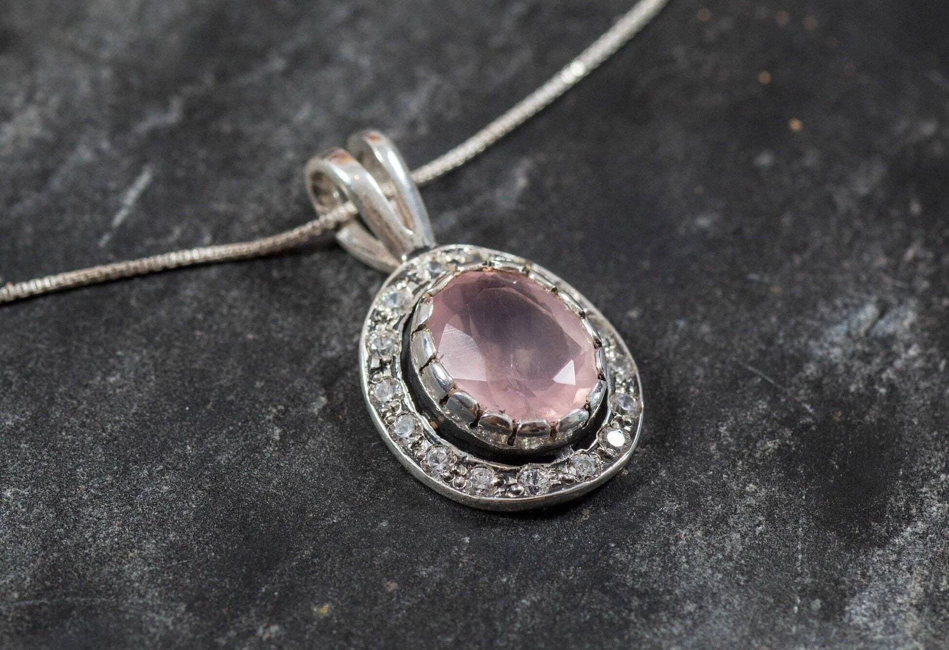 Rose Quartz Necklace - Pink Vintage Pendant - Pink Victorian Necklace