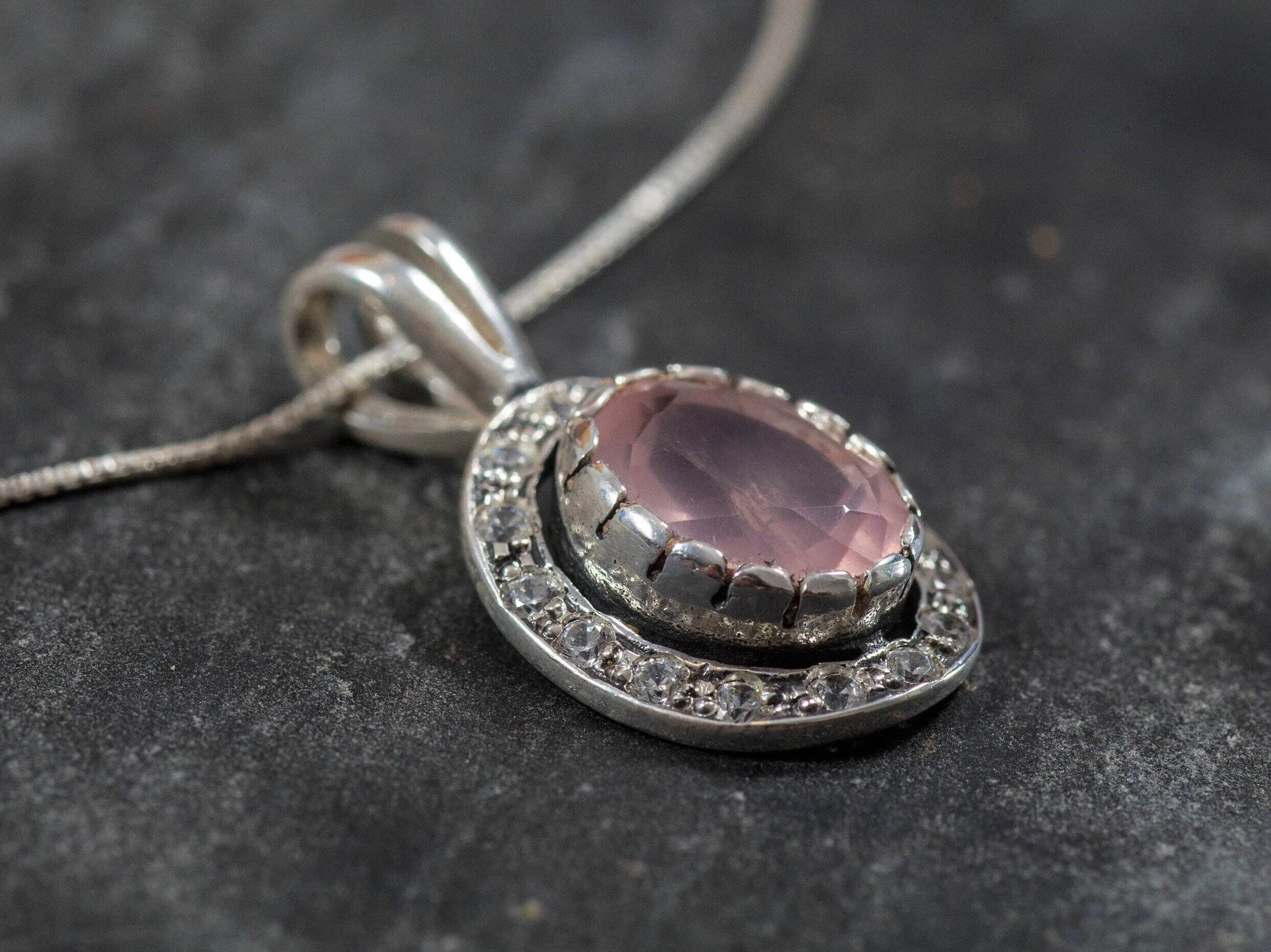 Rose Quartz Necklace - Pink Vintage Pendant - Pink Victorian Necklace