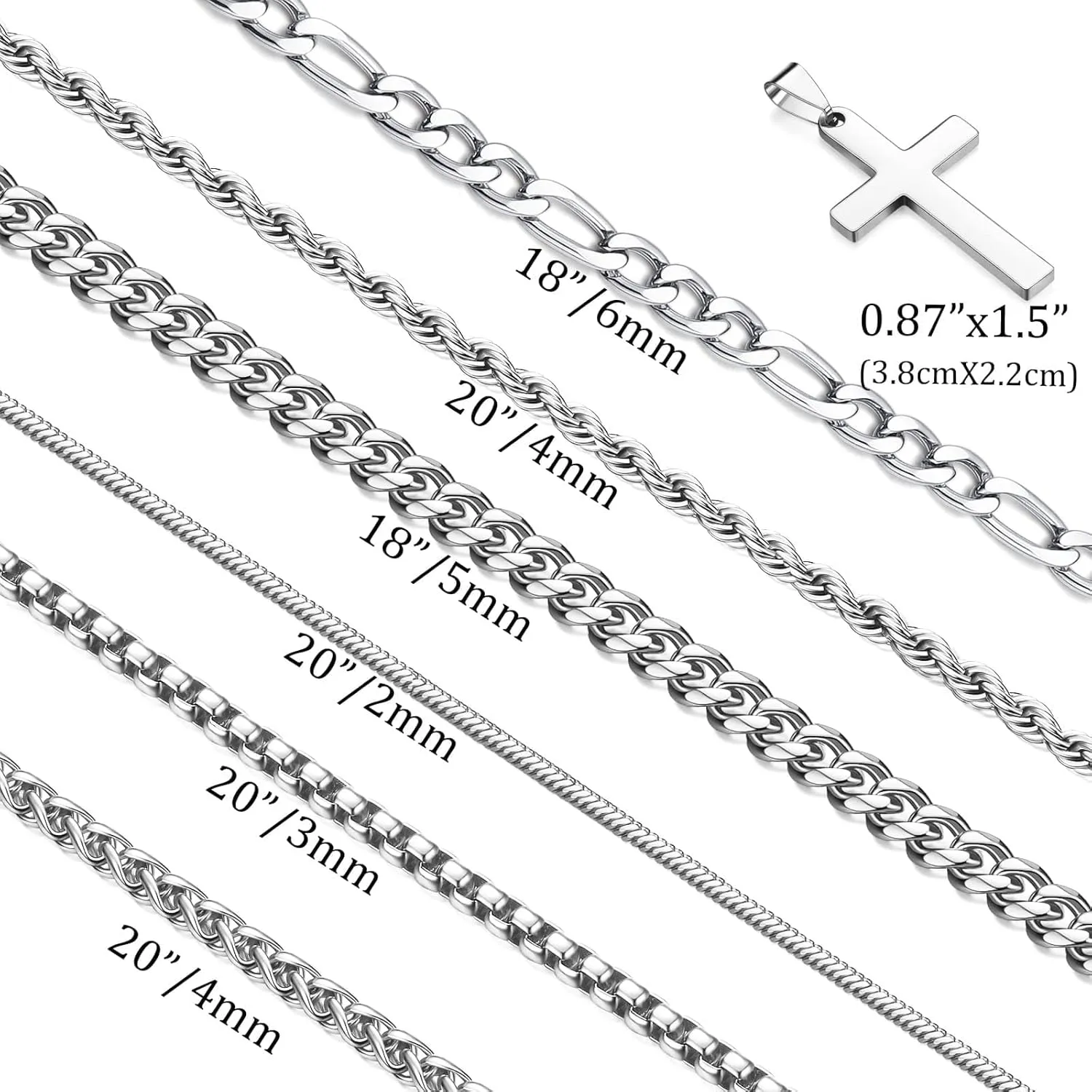 Stackable Gold/Silver Chain for Men, 6/7 Pcs Stainless Steel Cross Chain Mens Necklace Jewelry Set for Men, 5/6 Chains   1 Cross Pendant