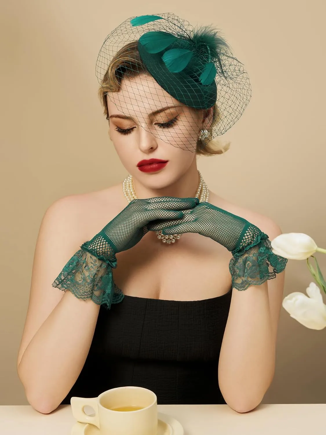 SWEETV Fascinators Pillbox Hats for Women, Tea Party Hat and Short Lace Gloves Set Perfect for Kentucky Derby, Cocktail