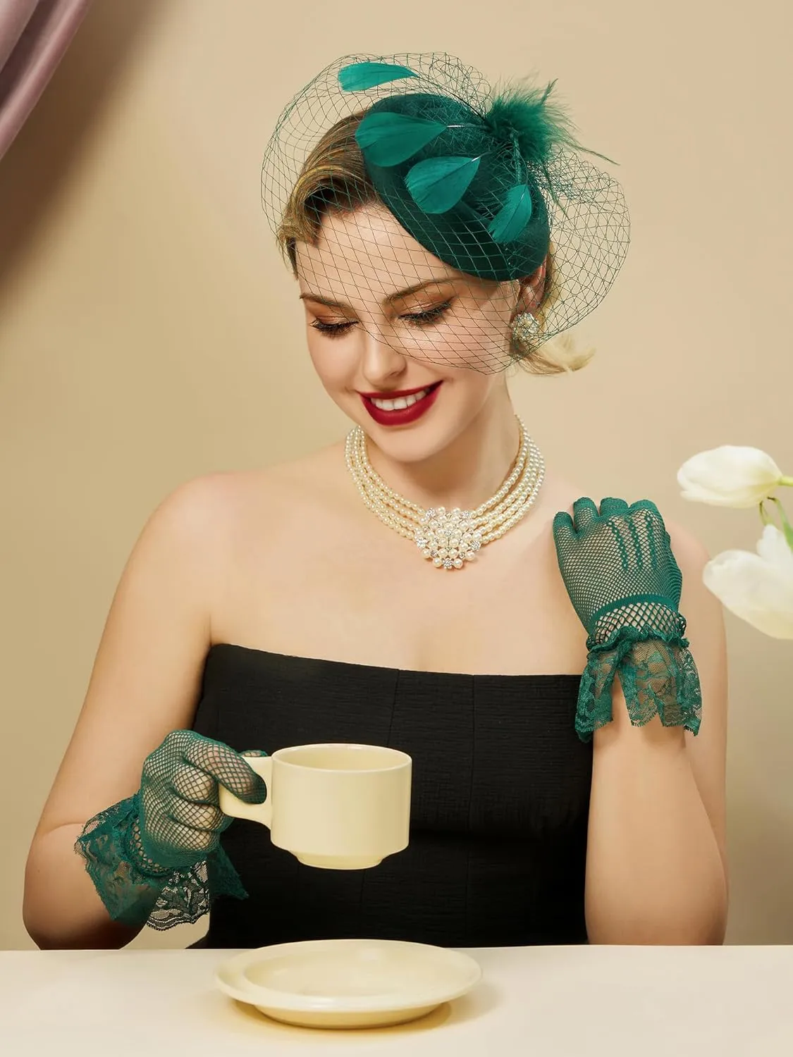 SWEETV Fascinators Pillbox Hats for Women, Tea Party Hat and Short Lace Gloves Set Perfect for Kentucky Derby, Cocktail