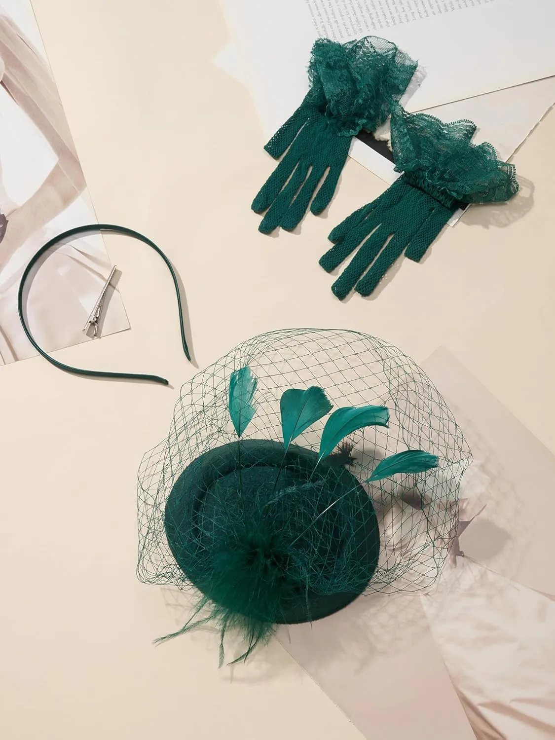 SWEETV Fascinators Pillbox Hats for Women, Tea Party Hat and Short Lace Gloves Set Perfect for Kentucky Derby, Cocktail