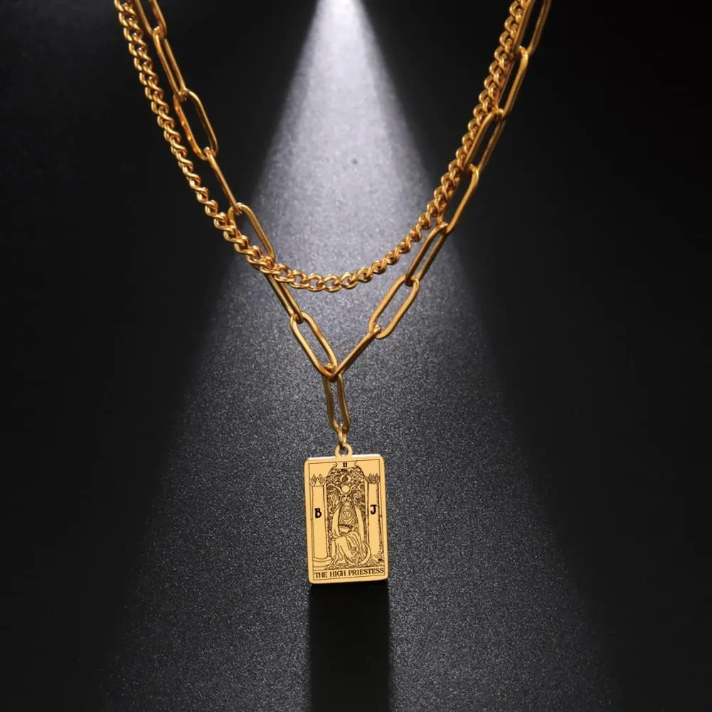 TEAMER Double Layer Necklace Vintage Tarot Jewelry Good Luck Amulet Pendants Stainless Steel Necklace