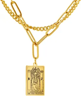 TEAMER Double Layer Necklace Vintage Tarot Jewelry Good Luck Amulet Pendants Stainless Steel Necklace