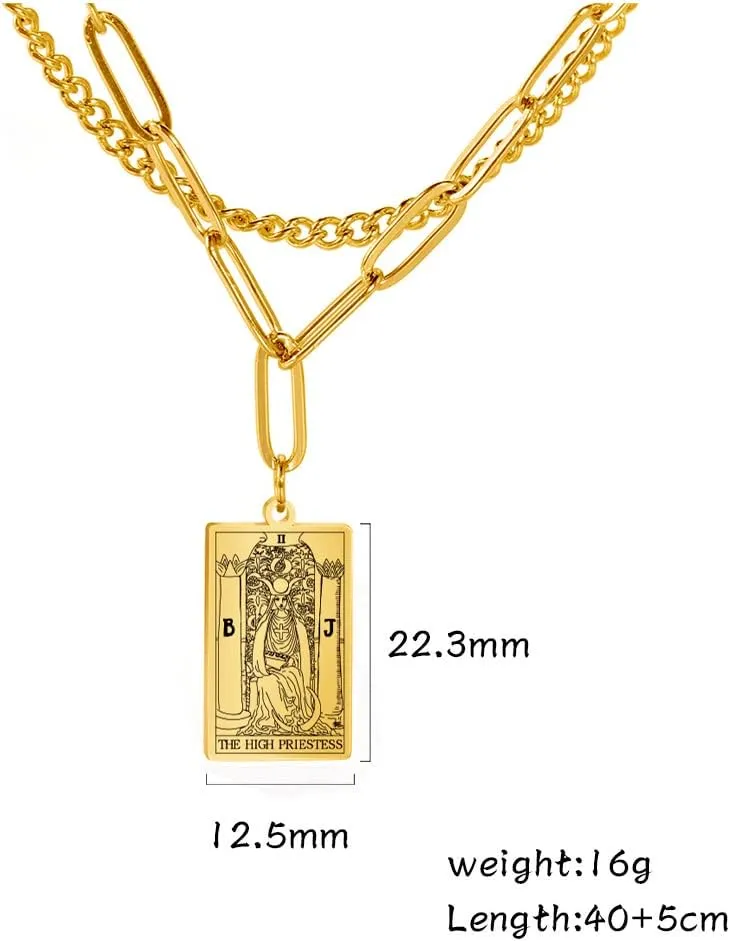 TEAMER Double Layer Necklace Vintage Tarot Jewelry Good Luck Amulet Pendants Stainless Steel Necklace