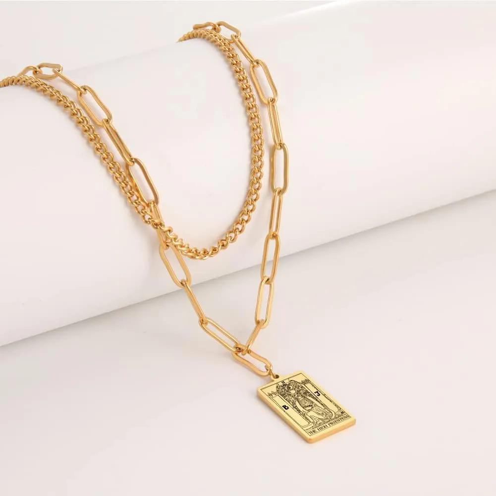 TEAMER Double Layer Necklace Vintage Tarot Jewelry Good Luck Amulet Pendants Stainless Steel Necklace