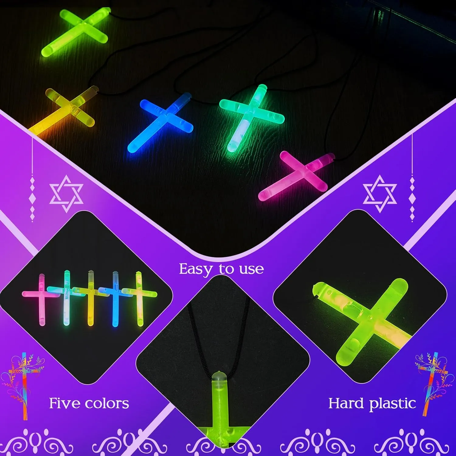 Tondiamo Cross Necklace Bulk Christian VBS Party FavorGlow Necklaces Glow in the Dark Plastic Luminous Cross for Valentines Easter Halloween Church Religious Party