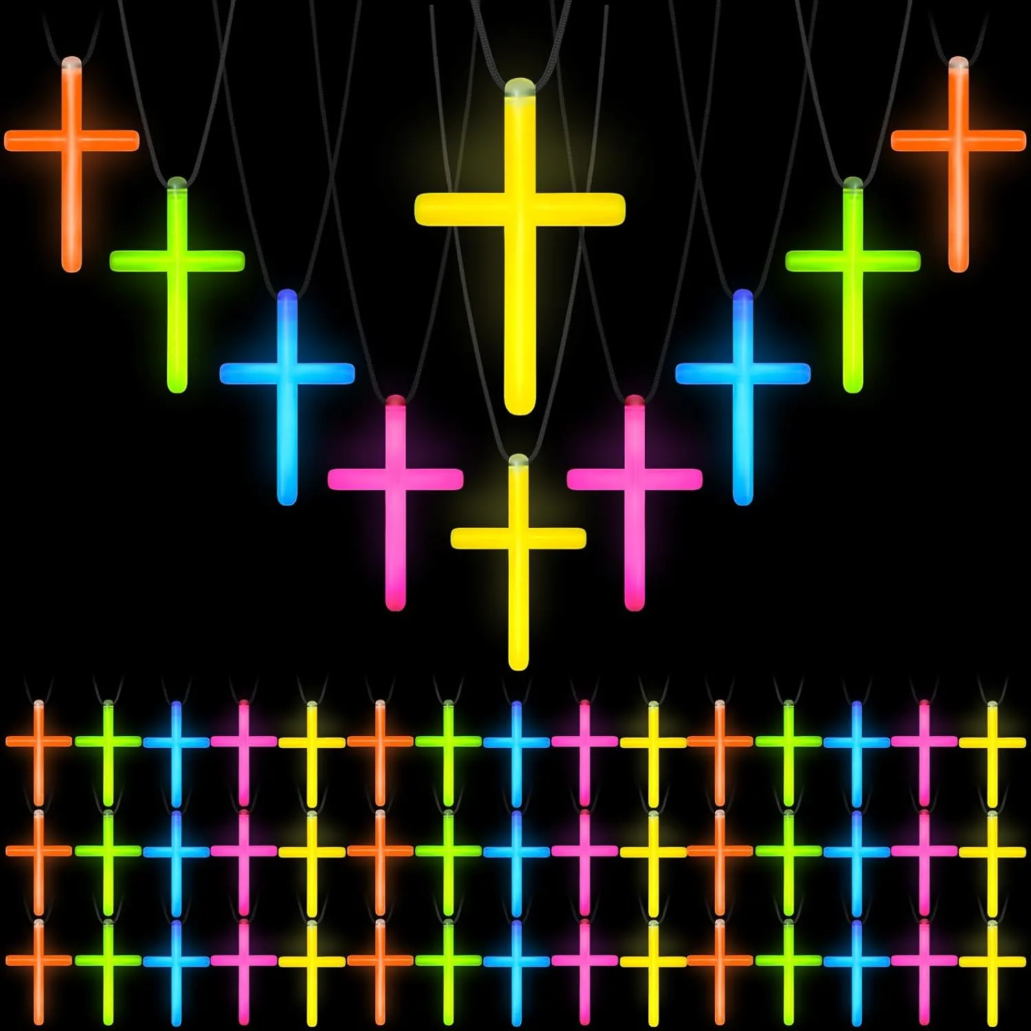Tondiamo Cross Necklace Bulk Christian VBS Party FavorGlow Necklaces Glow in the Dark Plastic Luminous Cross for Valentines Easter Halloween Church Religious Party