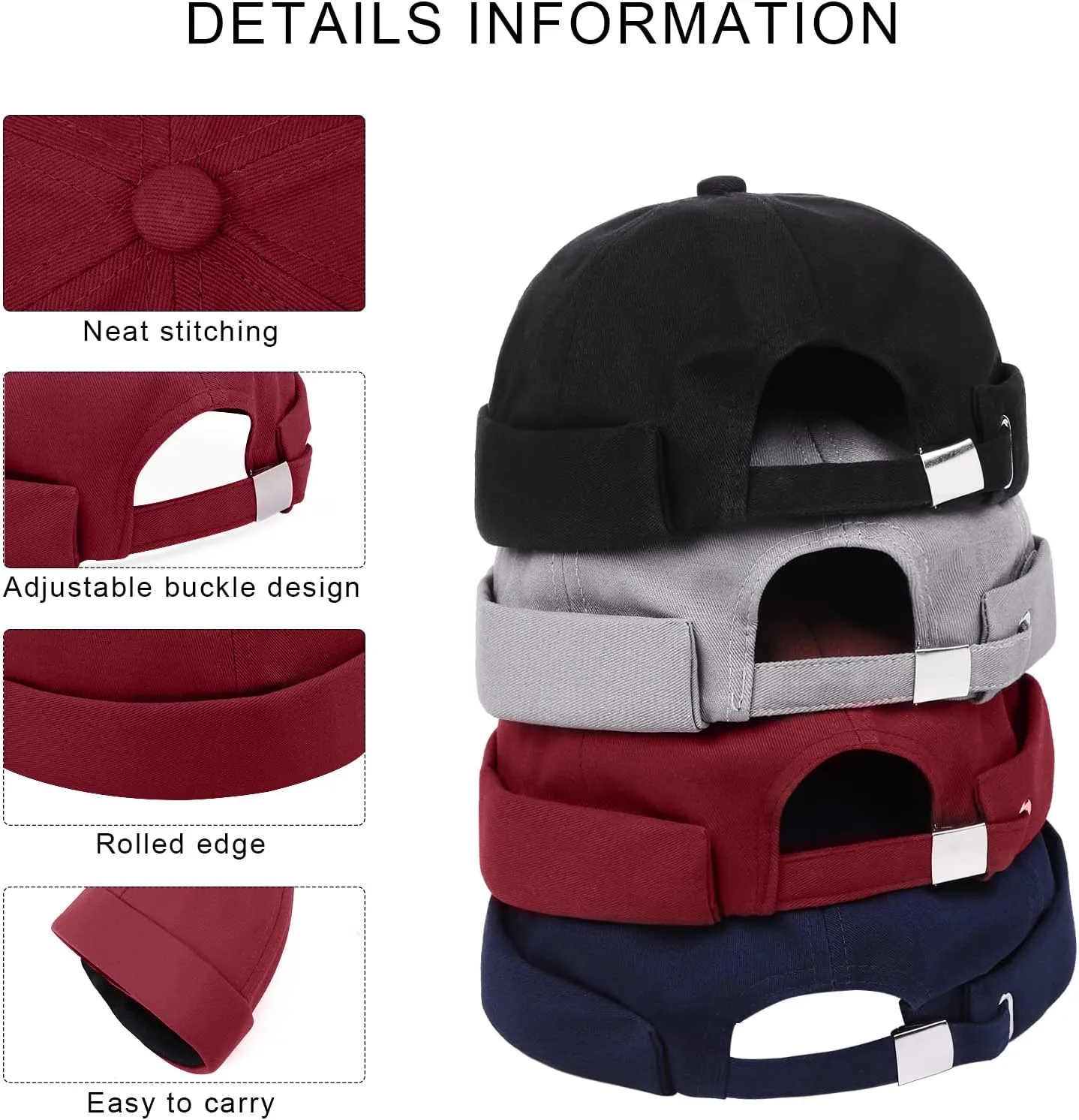 URATOT 4 Pieces Brimless Hat Docker Cap Retro Cotton No Brim Hat Adjustable Rolled Cuff Brimless Hats for Men
