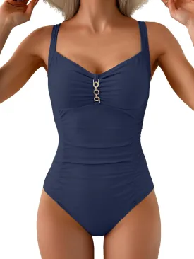 Women's One Piece Swimsuit Tummy Control Ruched Bathing Suit V Neck Slimming Swimwear Metal Ring Swim Suits