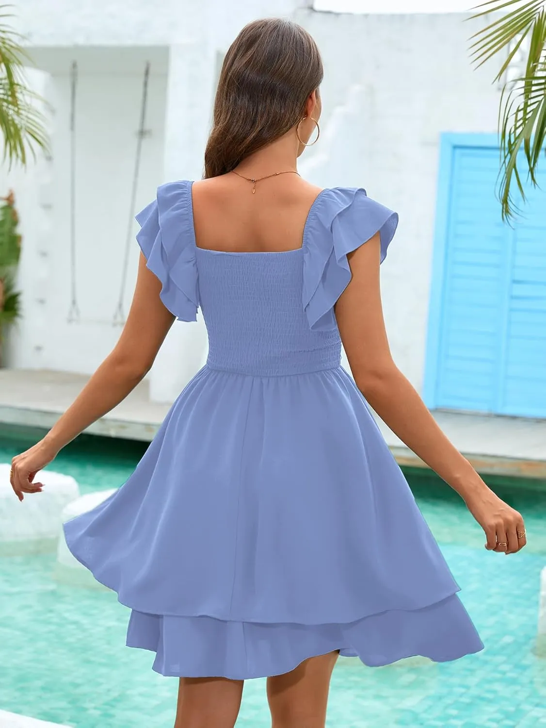 Women's Summer Dress Casual Wrap V Neck Flutter Sleeve Double Layer Ruffle Wedding Guest Short Mini Dresses