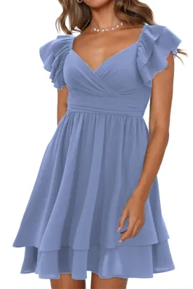 Women's Summer Dress Casual Wrap V Neck Flutter Sleeve Double Layer Ruffle Wedding Guest Short Mini Dresses