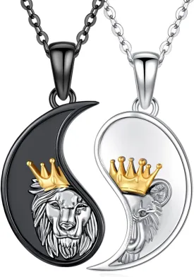 Yin Yang Lion Necklaces 925 Sterling Silver Lion Couples Friendship Pendant Necklace Yin Yang Lions Matching Jewelry for Women Men with Gifts Box